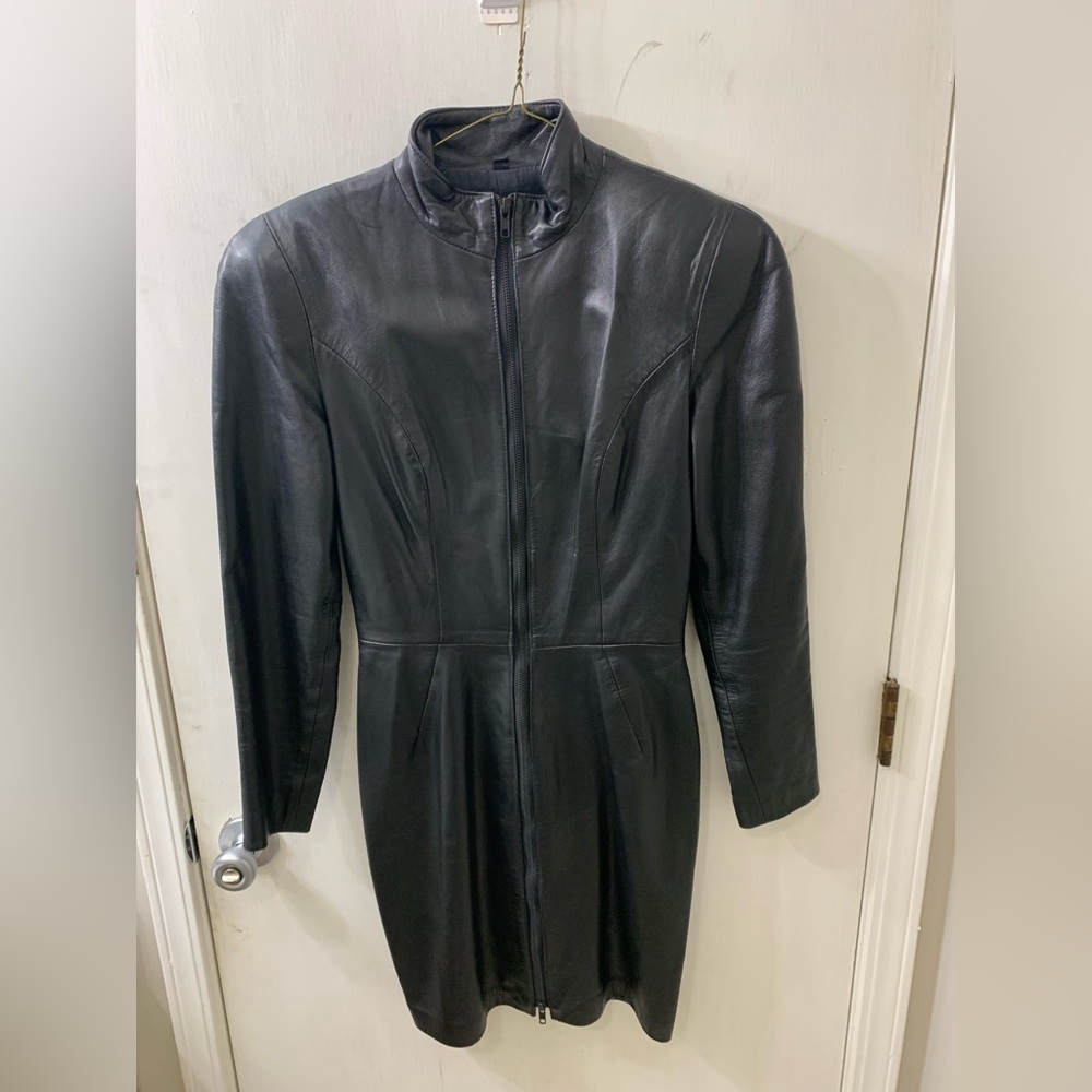 Vintage North Beach Leather Black Midi Zip-Front Dress Sz. S